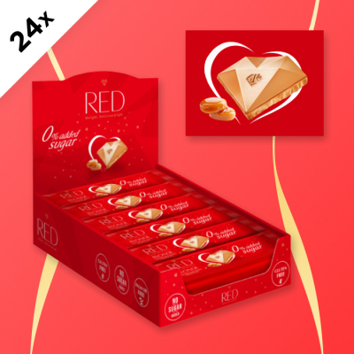 RED - BIELA MLIEČNA ČOKOLÁDA S KARAMELOM 26 g - kartón (24 ks)