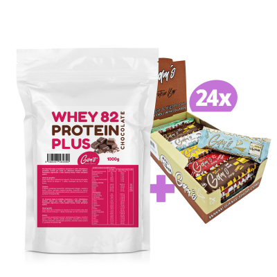 Gam´s pack WHEY 82 Protein Plus Čokoláda 1000g + 24 ks/50g mix kartón proteínových tyčiniek