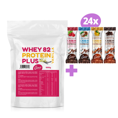 Gam´s pack WHEY 82 Protein Plus Vanilka 1000g + 24 ks/40g mix kartón kazeínových tyčiniek