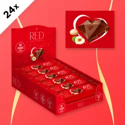 RED - MLIEČNA ČOKOLÁDA S LIESKOVCAMI A MAKADÁMOVÝMI ORECHAMI 26 g- kartón (24 ks)