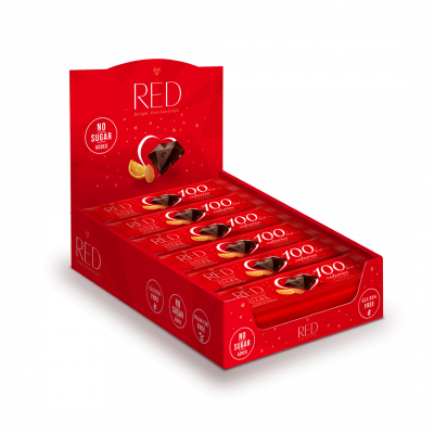 RED - HORKÁ čokoláda S MANDĽAMI A POMARANČOVOU  PRÍCHUŤOU 26g - kartón (24ks)