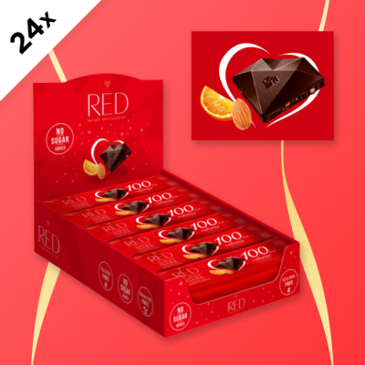 RED - HORKÁ ČOKOLÁDA S MANDĽAMI A POMARANČOVOU PRÍCHUŤOU 26g - kartón (24ks)